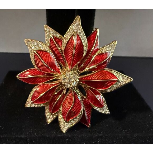 Vintage Napier Red Enamel & Rhinestone Poinsettia Brooch - Picture 1 of 4
